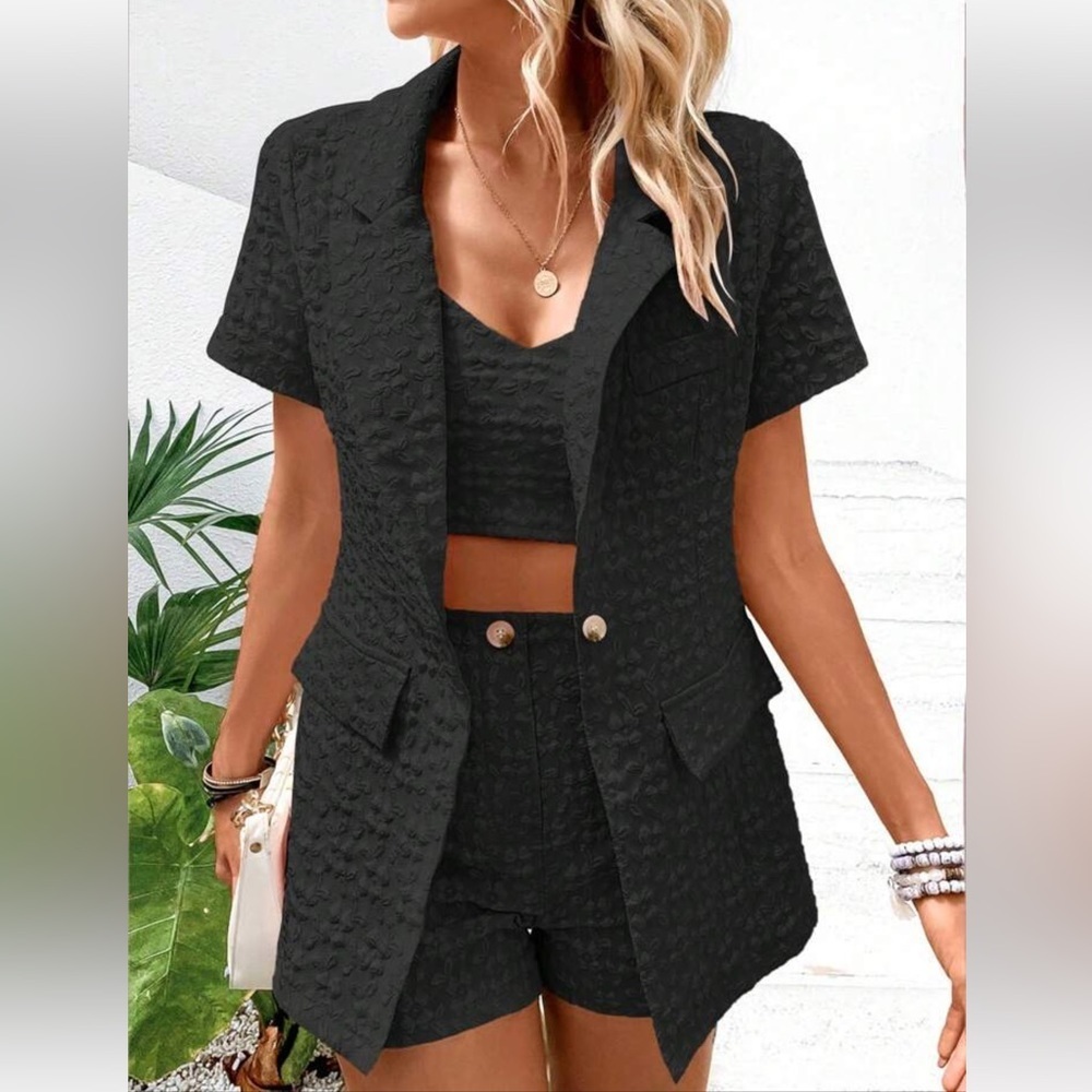 SHEIN 3 Piece Set Privé Solid Cami Top & Shorts & Single Button Blazer Black XL